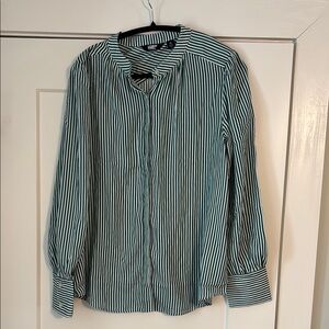 Lands' End Green and White Striped Blouse